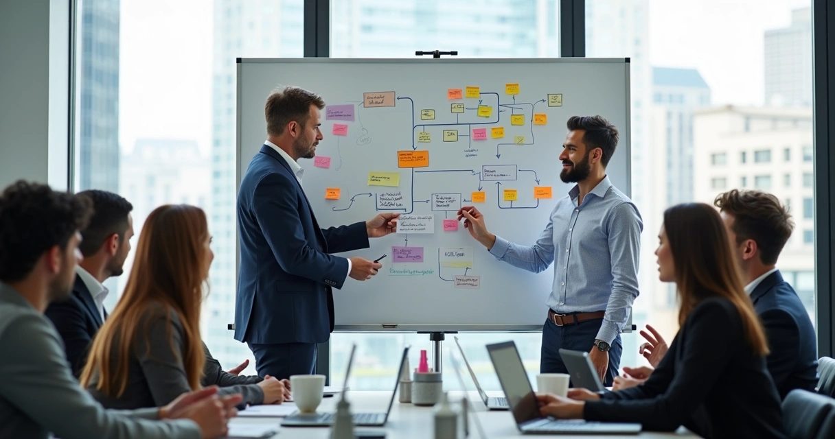 Processo de qualificação de leads em quadro branco por gestor comercial. 