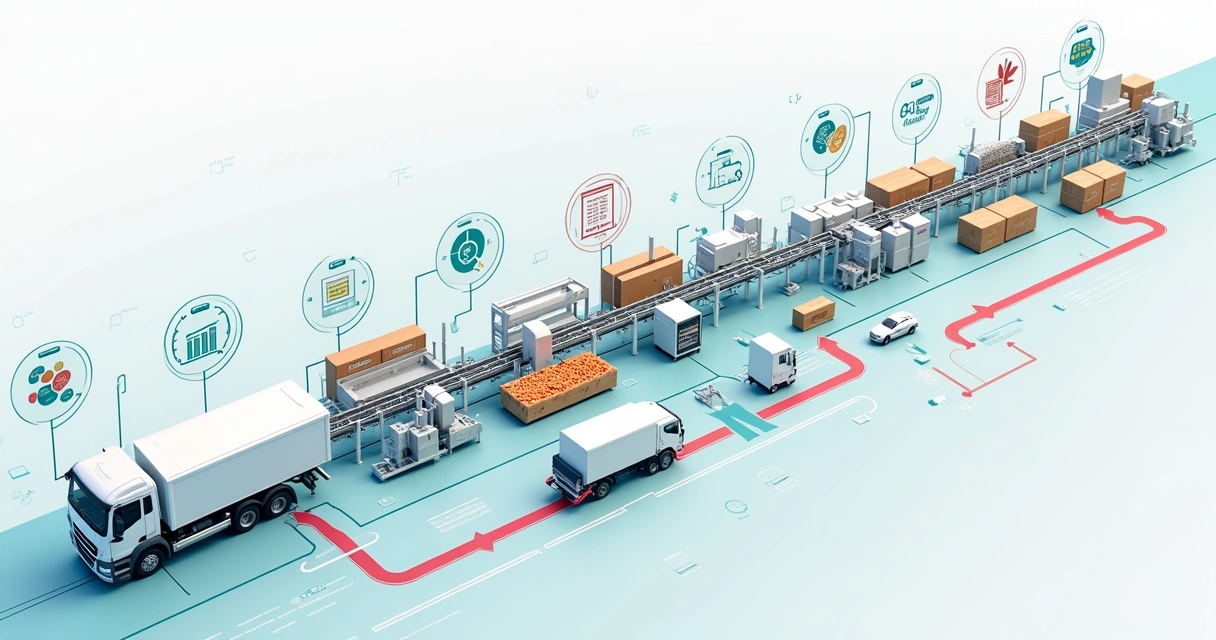 Esquema ilustrado de rastreabilidade de alimentos em linha de produção industrial 
