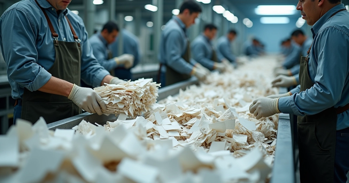 Fases do processo de reciclagem do papel apresentando máquinas industriais e pessoas separando papel 
