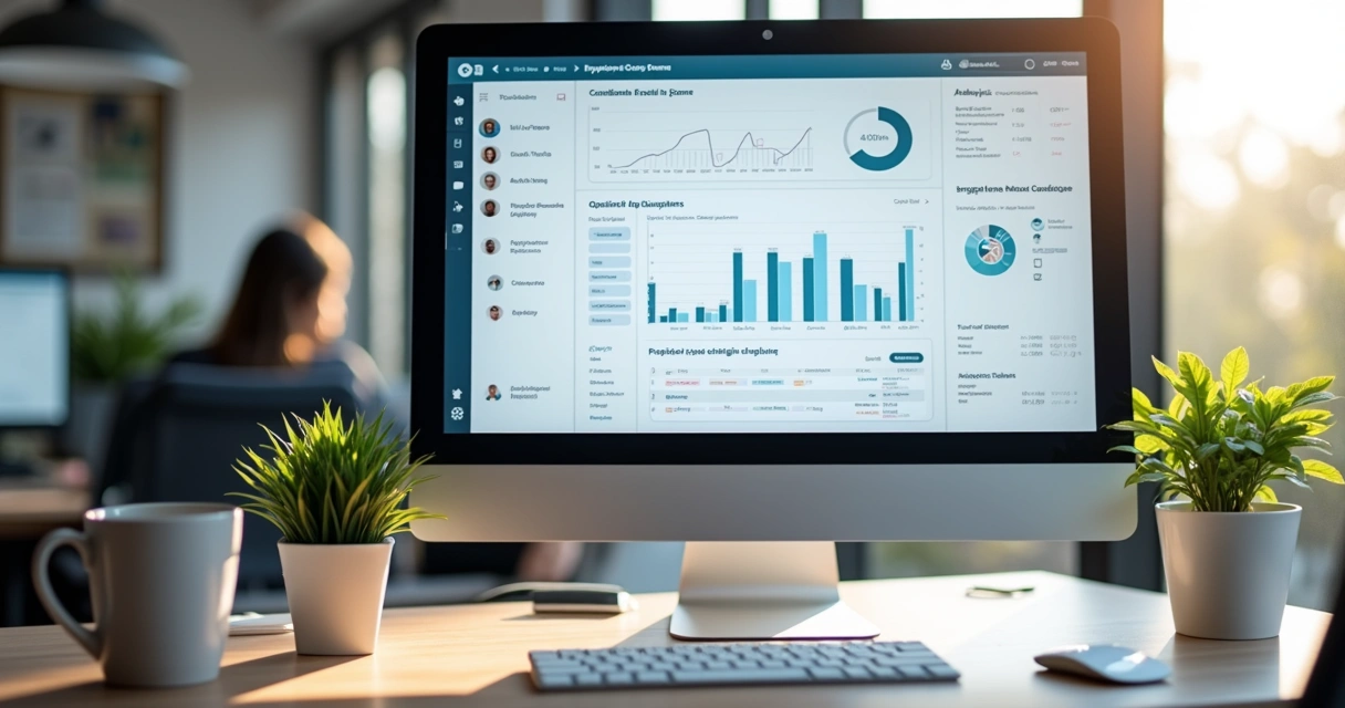 Tela de computador com dashboard de sistema ATS em ambiente de escritório 