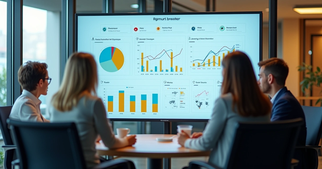 Equipe analisando dados de recrutamento em uma grande tela digital 