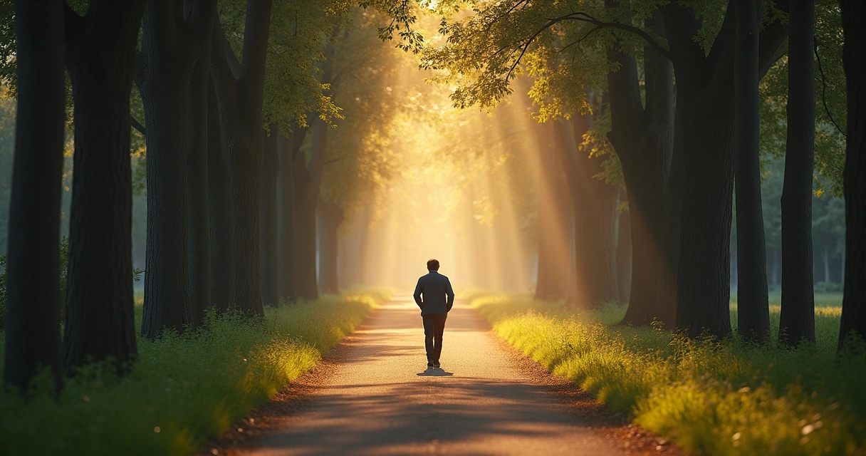 Pessoa caminhando sozinha em estrada entre árvores, luz suave, sensação de reflexão 
