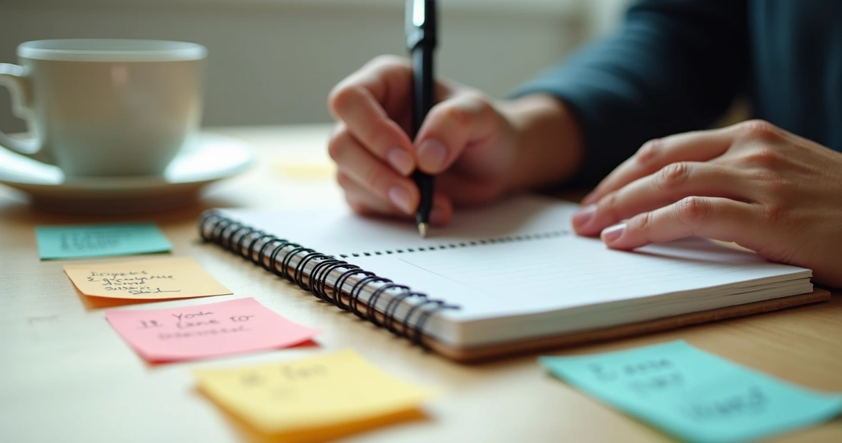 Pessoa refletindo e escrevendo em diário de decisões 