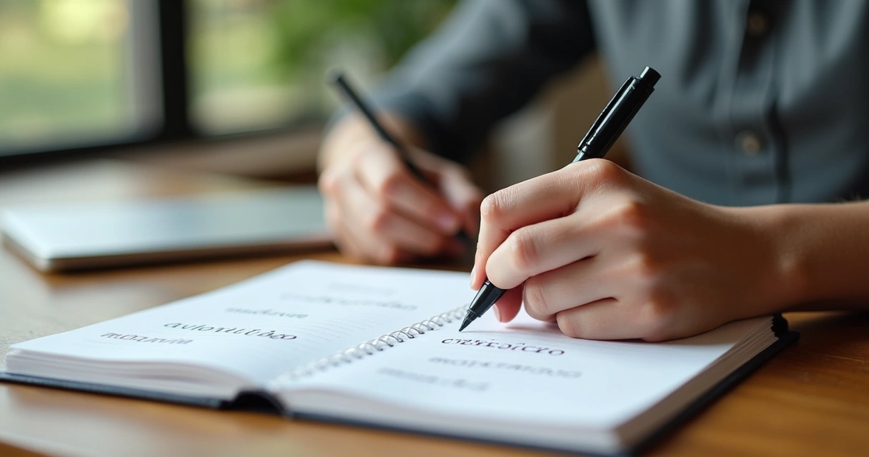 Pessoa escrevendo pensamentos em caderno sobre autotransformação pessoal