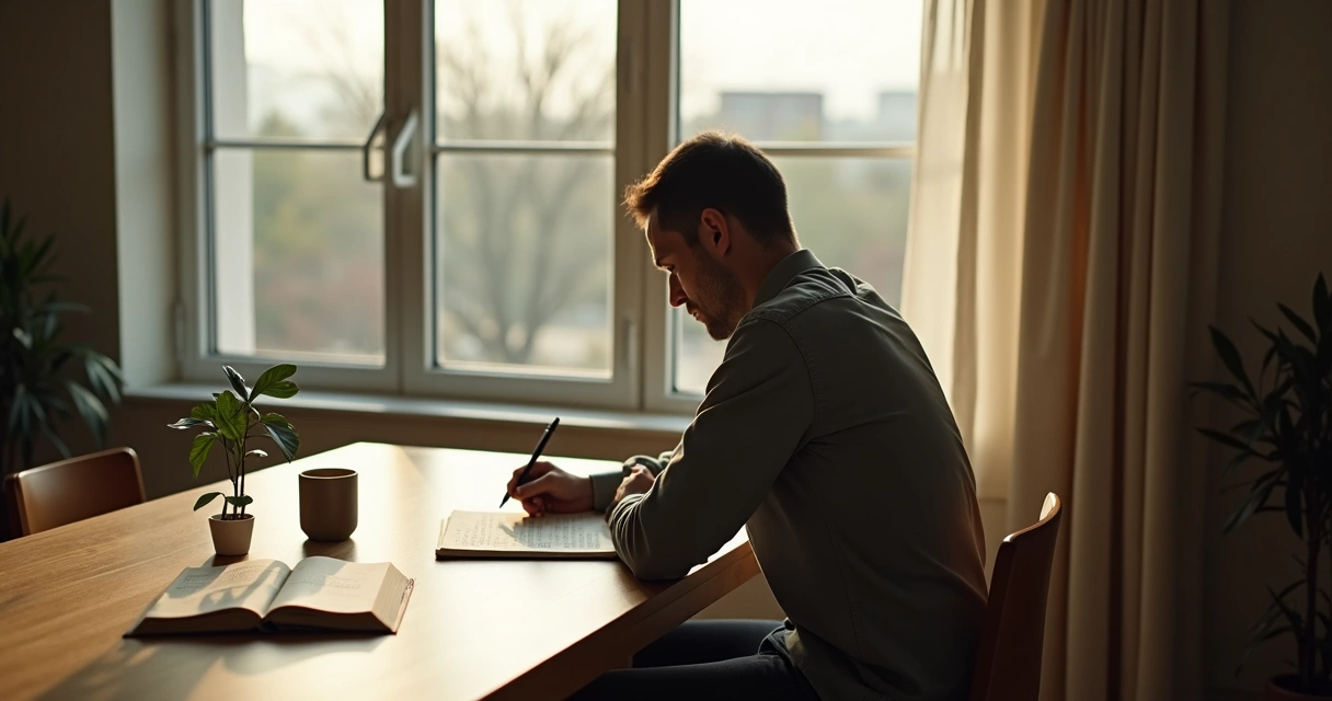 Adulto sentado refletindo diante de janela com caderno e anotações 