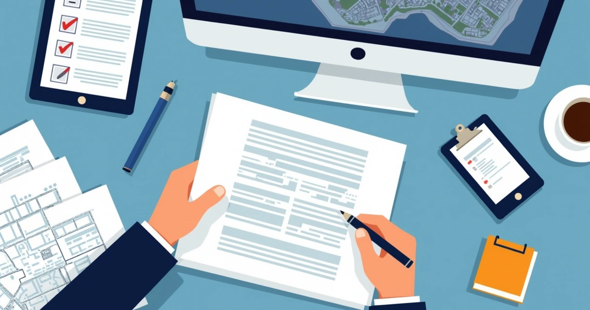 Pessoa analisa documentos de registro imobiliário com computador e plantas ao fundo 