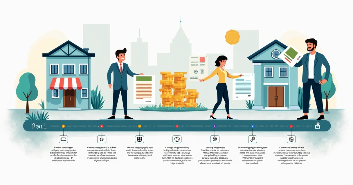 Esquema colorido do processo de regularização imobiliária com sete etapas e papéis organizados em fila 