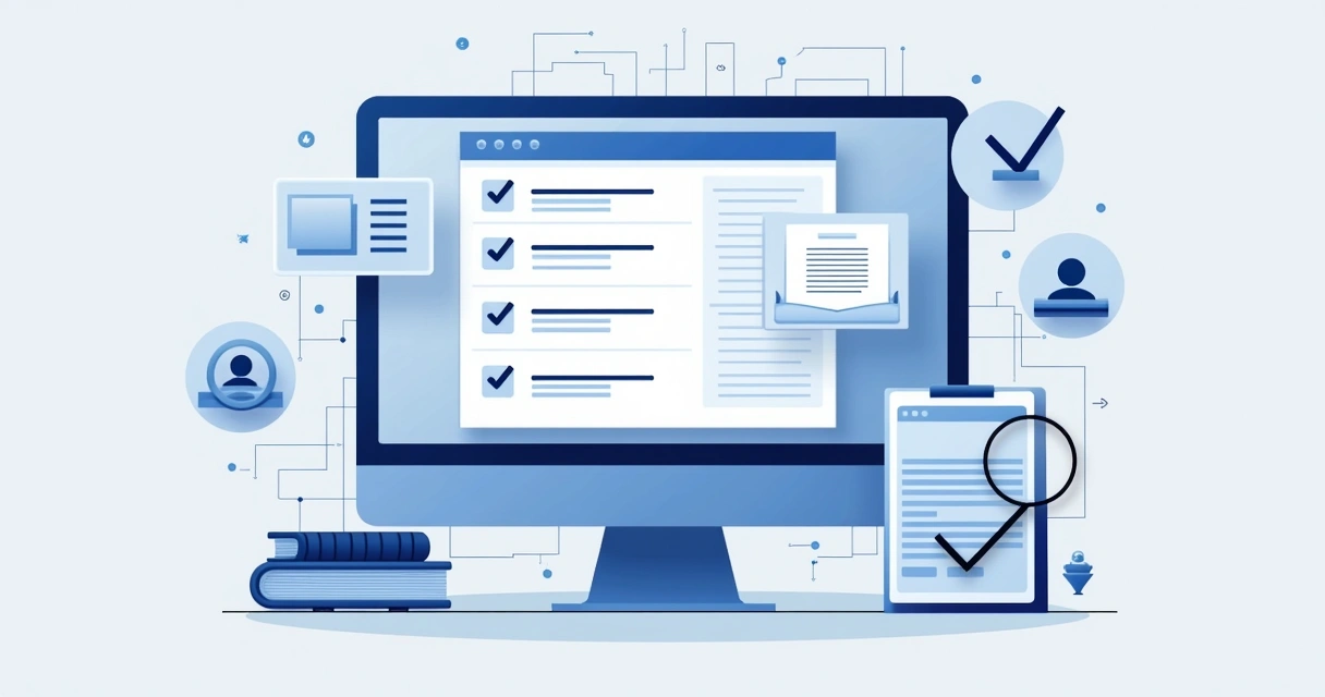 Fluxo de um processo digital com ícones de certificados, documentos e computadores 