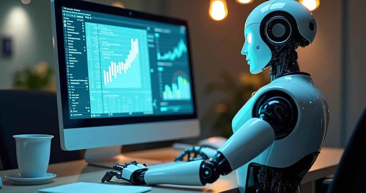 Computador com robô digital analisando documento fiscal na tela 