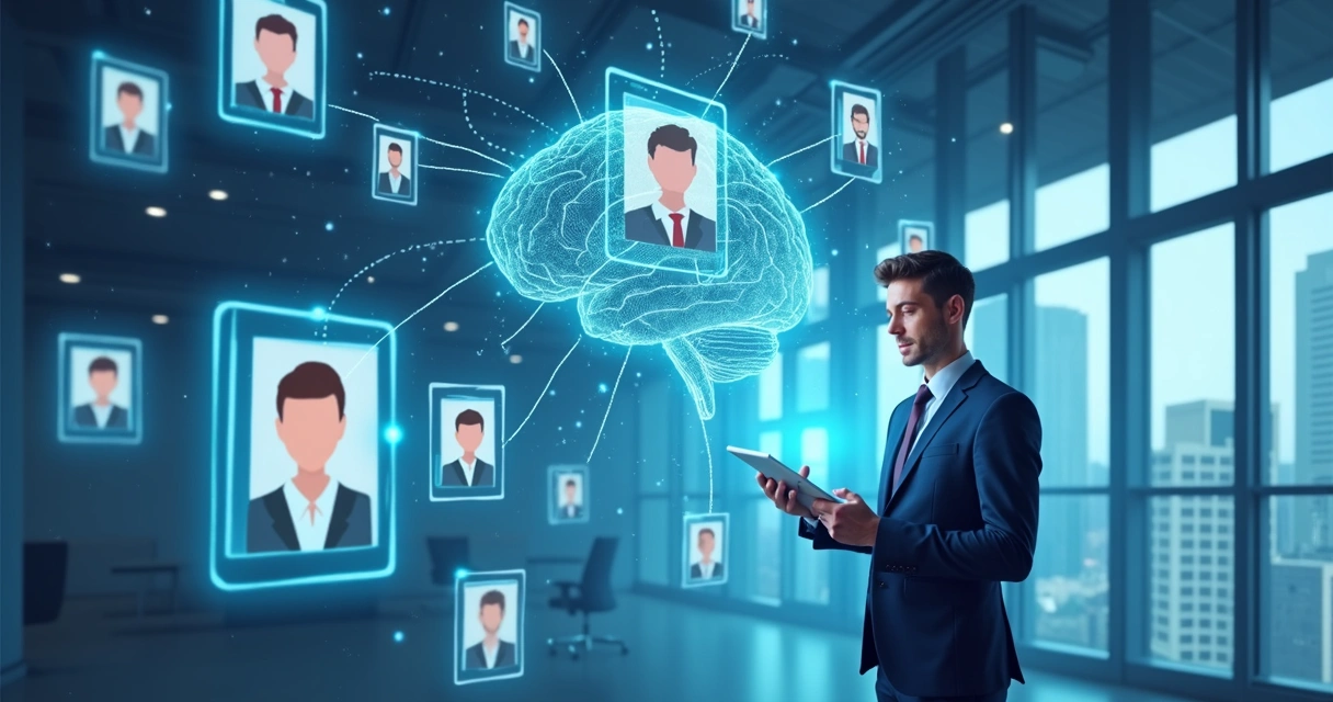 Símbolos de IA processando perfis profissionais em telas digitais 