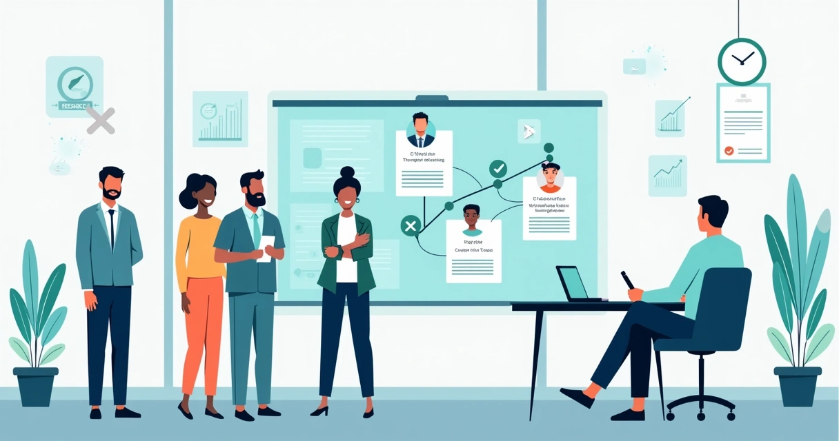 Gestor analisando candidatos em processo seletivo estruturado em painel digital 