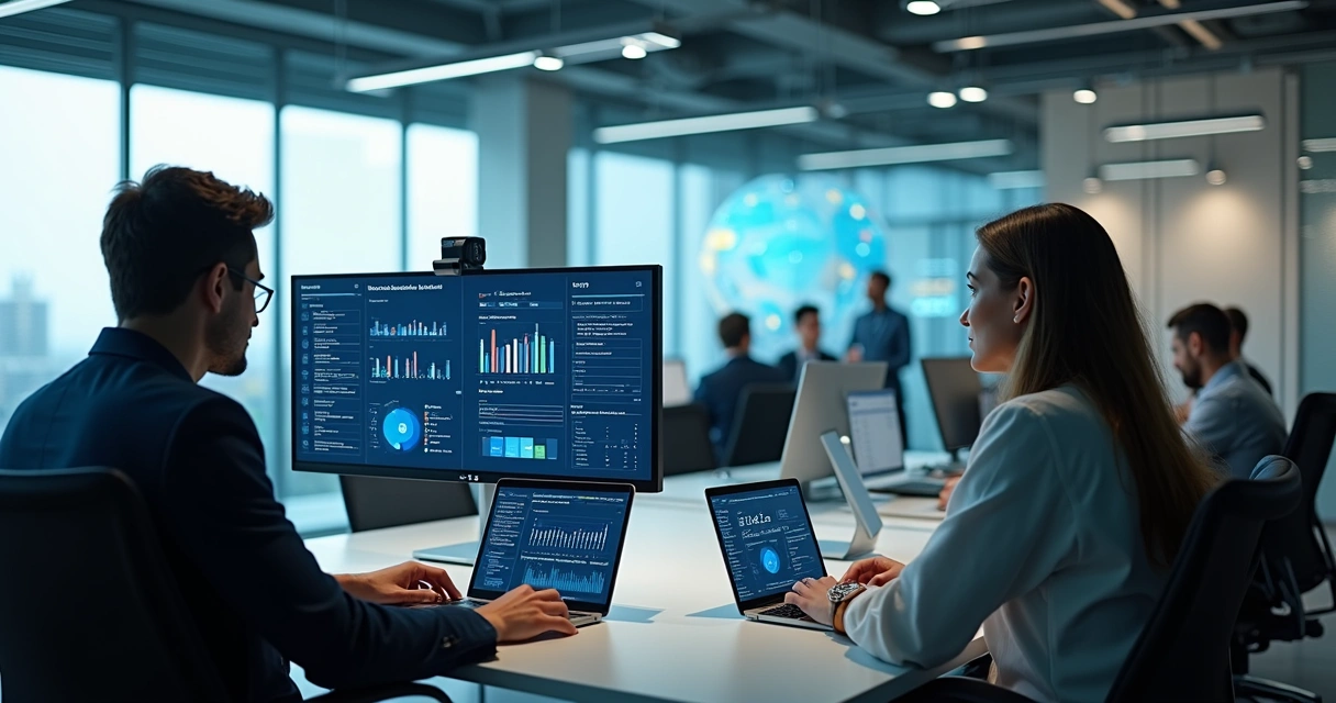 Equipe de profissionais analisando currículos em computadores modernos 