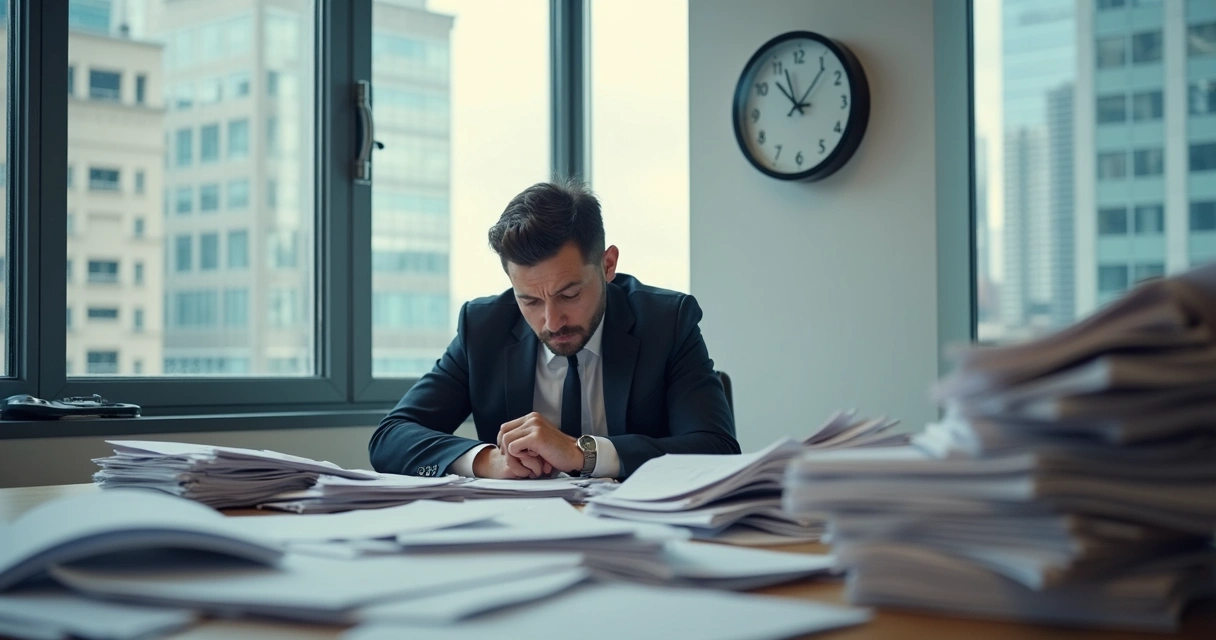 Recrutador frustrado olhando para pilha de currículos em mesa moderna 