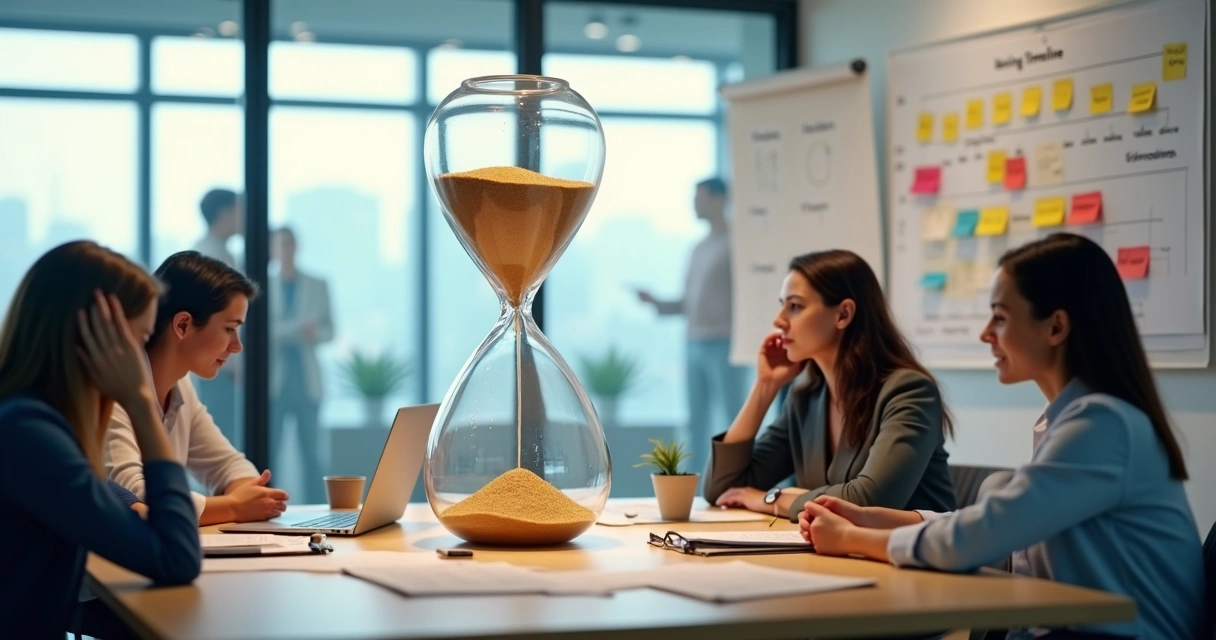 Sala de reunião de RH com relógio de areia gigante simbolizando atraso no processo seletivo 