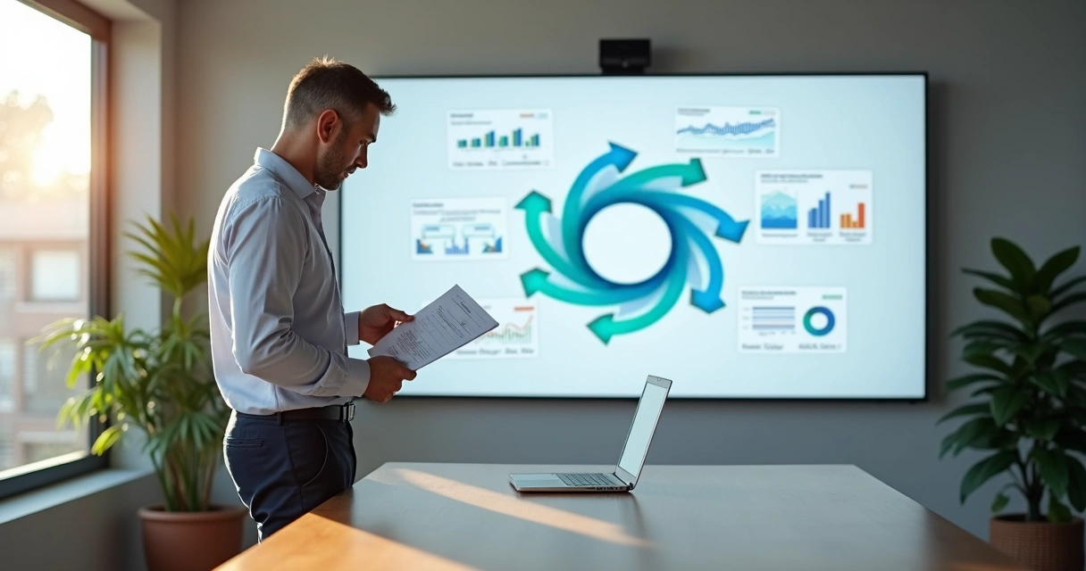 Gestor acompanha fluxo contínuo de clientes recorrentes em tela grande no escritório 