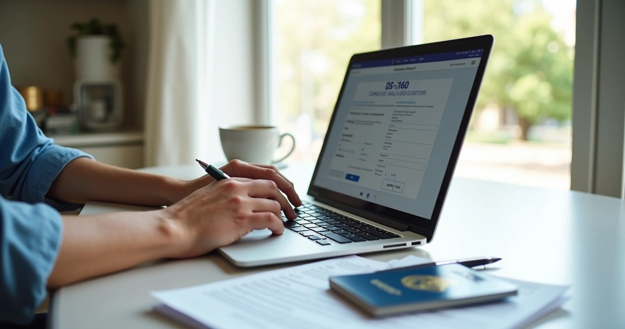 Pessoa preenchendo formulário online para visto dos Estados Unidos no computador, com passaporte e documentos ao lado 