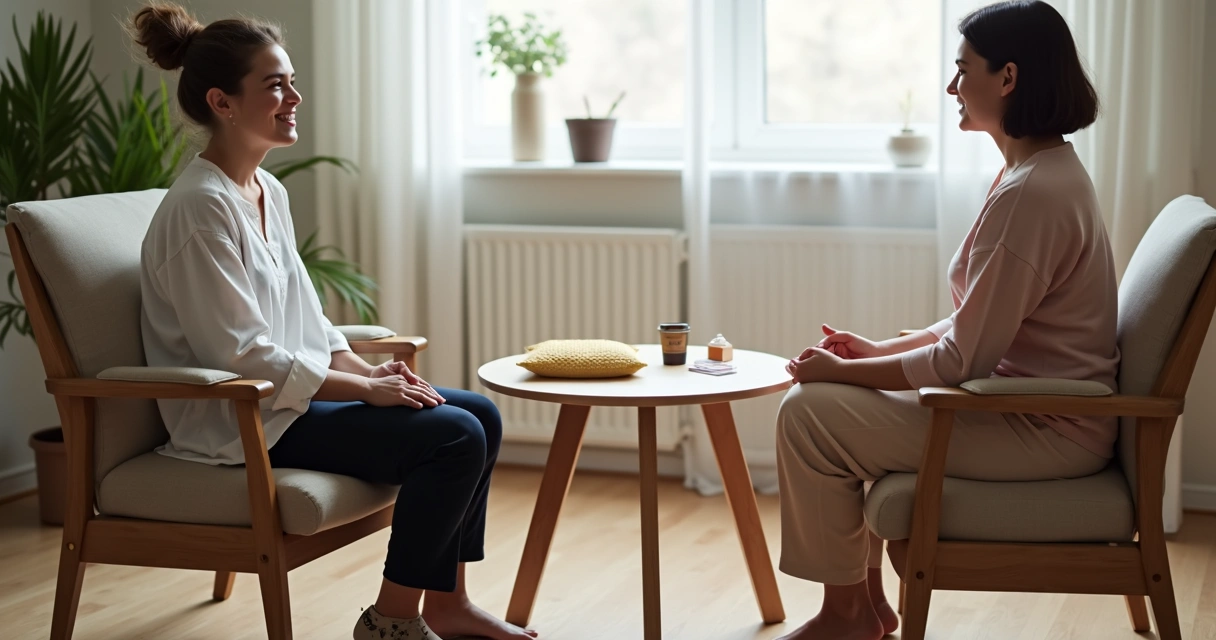 Paciente sentado em círculo durante processo terapêutico individual com objetos de apoio. 