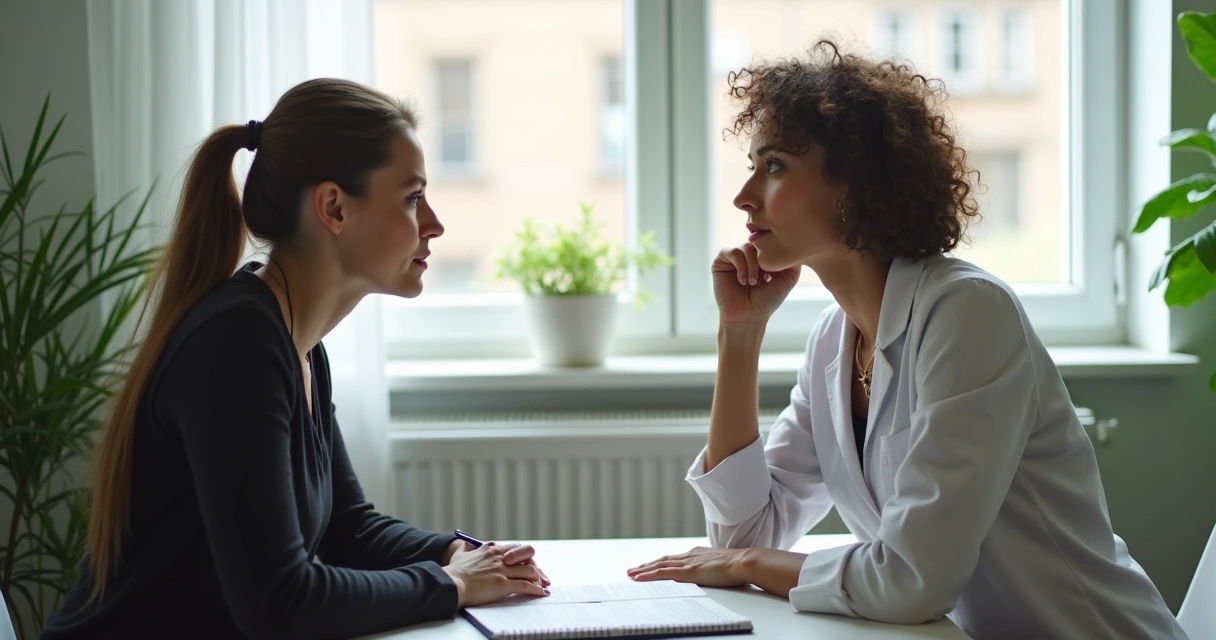 Psicólogo e cliente sentados frente a frente em ambiente claro, ambos com expressão reflexiva, agenda e caneta sobre a mesa, plantas verdes ao fundo