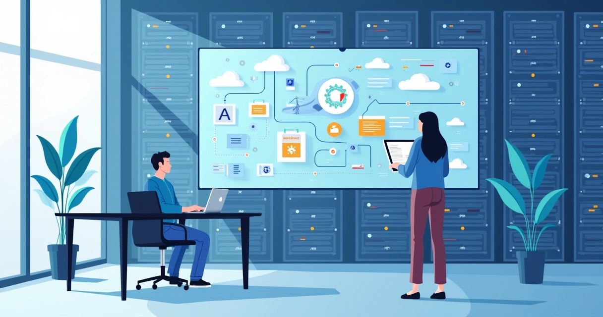 Ilustração de processo automatizado de testes com IA, data centers ao fundo 