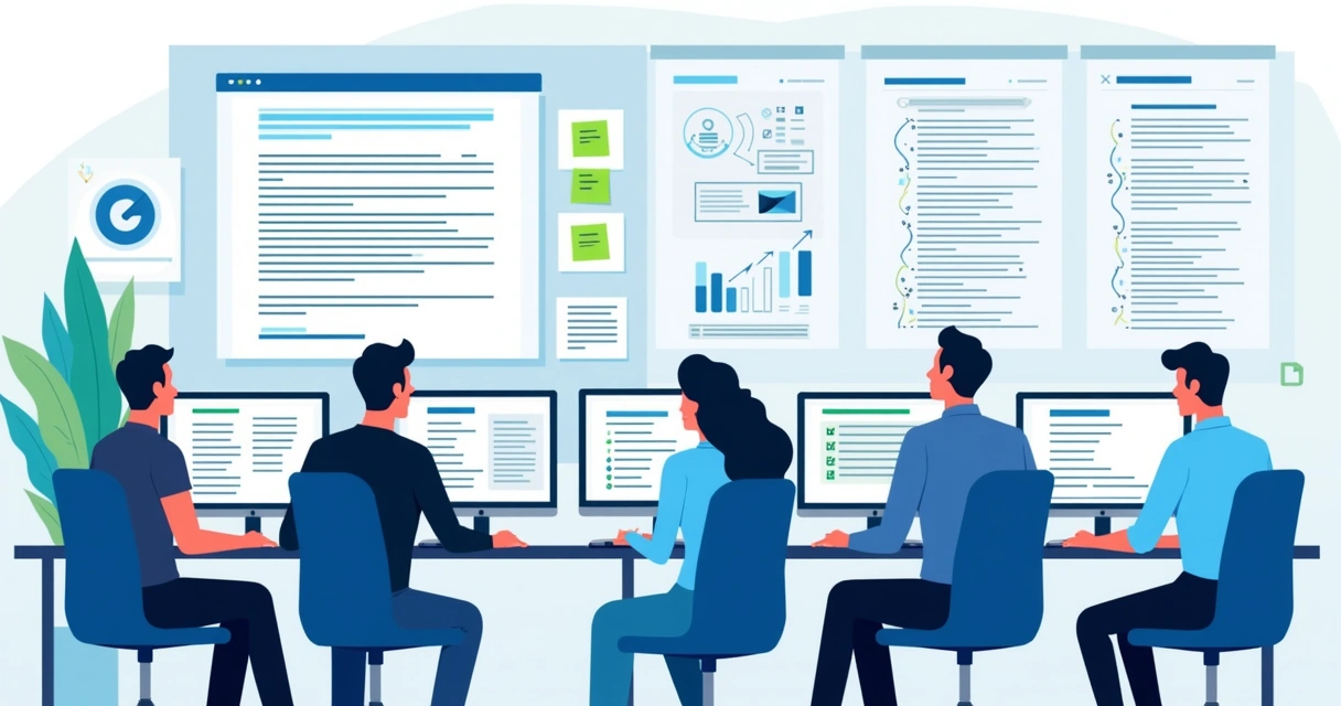 Desenvolvedores em uma sala, trabalhando em computadores com muitas telas mostrando códigos e bugs em destaque.