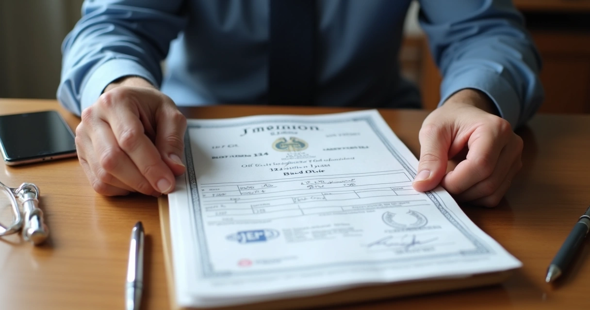 Homem segura certidão de nascimento e tradução juramentada sobre mesa de trabalho 