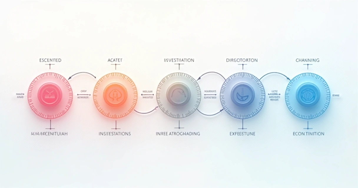 Fluxo de transformação emocional com círculos coloridos conectados por flechas