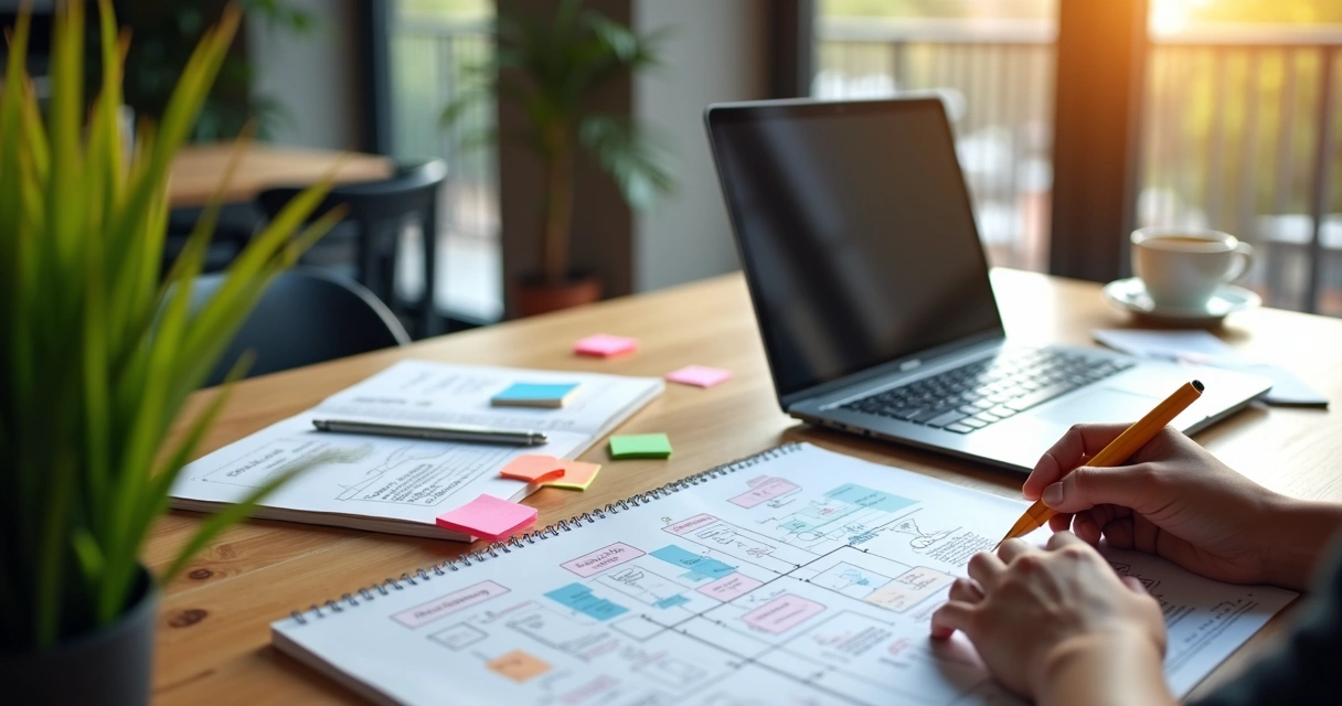 Mesa de trabalho com notebook, cadernos, planta de escritório, e mãos desenhando esquema de startup 