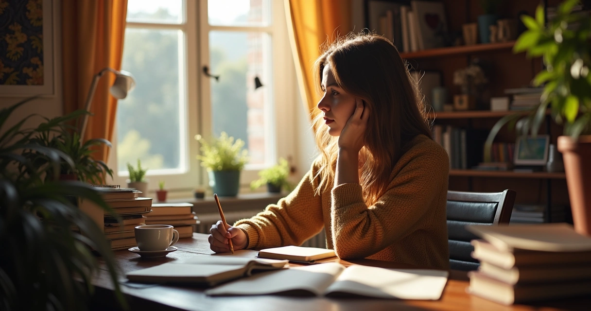 Pessoa refletindo com caderno em mãos