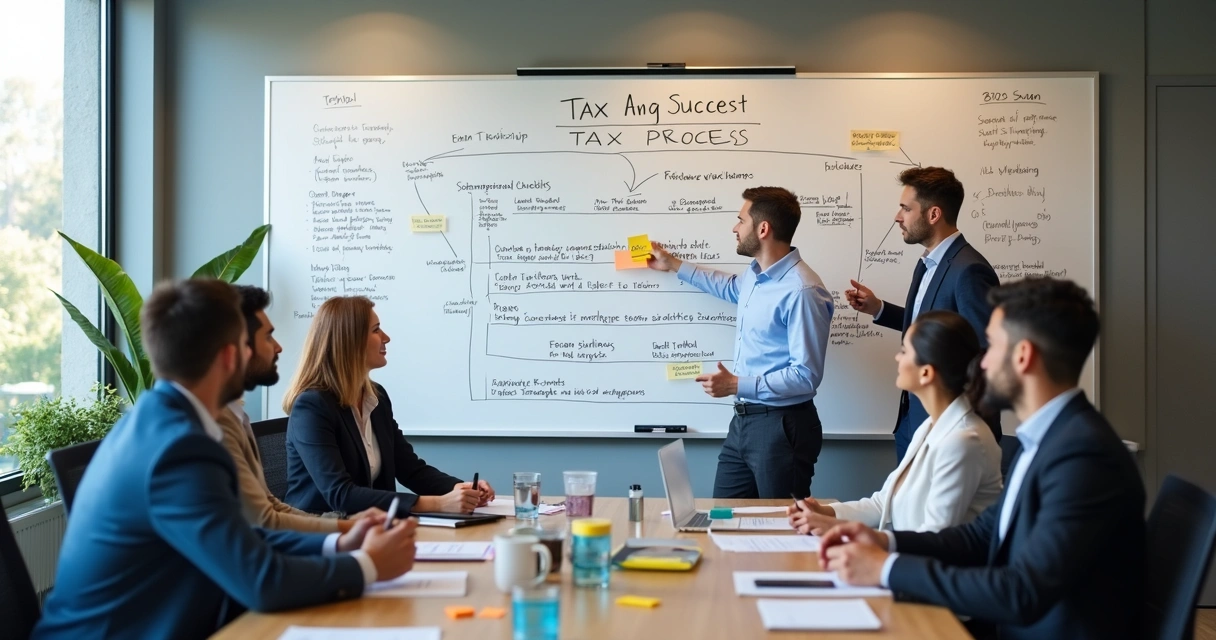 Quadro branco com processo tributário vencedor desenhado 