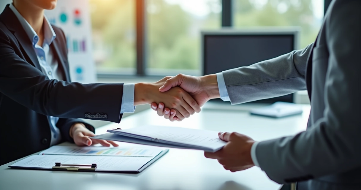 Dois empresários trocando pastas de documentação contábil 