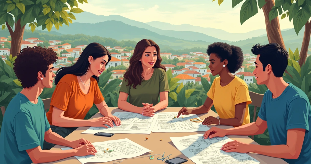 Grupo de moradores reunidos com papéis e mapa buscando regularização coletiva do imóvel 