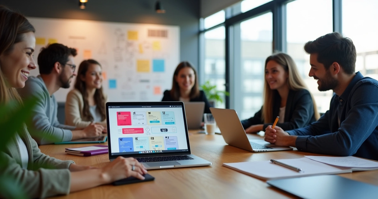 Mesa de trabalho com equipe colaborando em projeto de UX Design, com tela mostrando protótipo de app digital 