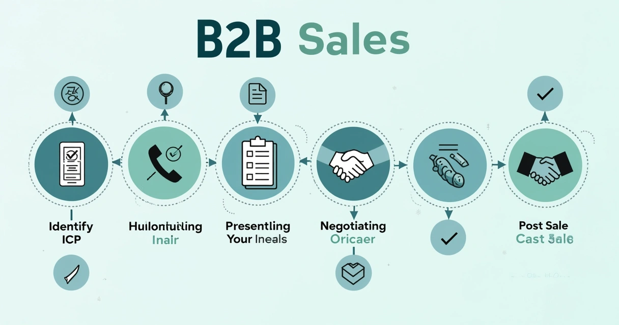 Fluxo visual do processo de vendas B2B, mostrando as etapas de ponta a ponta 