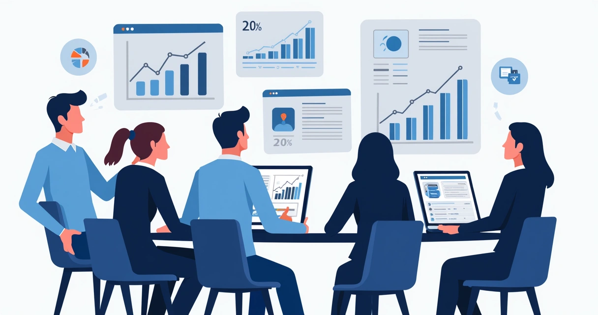 Ilustração corporativa flat mostrando equipe de vendas alinhando estratégias com gráficos de crescimento e elementos tecnológicos 