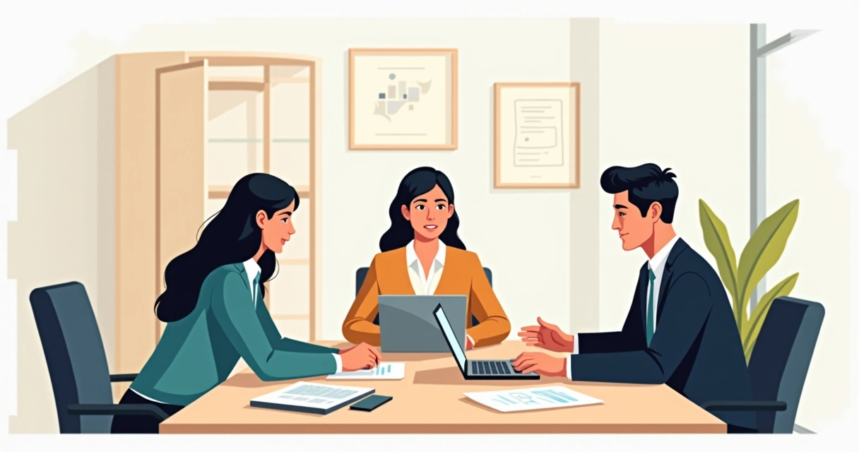 Equipe de vendas conversando com cliente empresário ao redor de mesa, materiais gráficos na mesa, ambiente de escritório moderno, destaque para empatia.