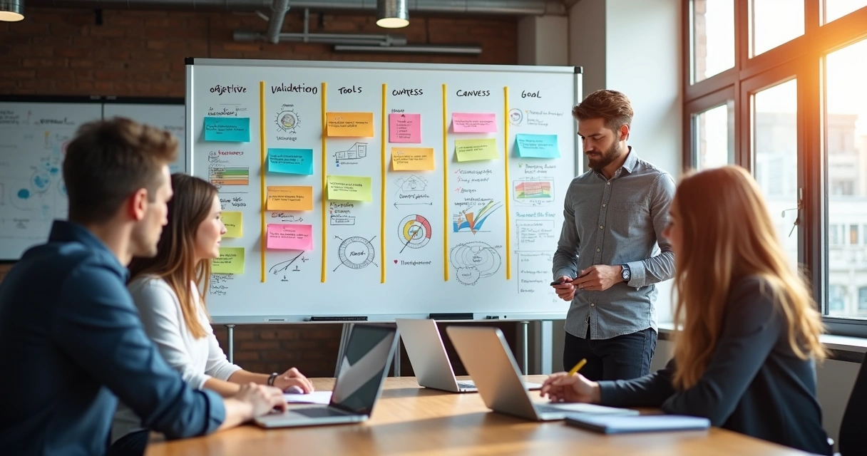 Quadro branco com post-its coloridos representando etapas do Sales Model Canvas para vendas B2B 