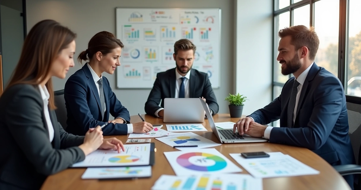 Mesa de reunião com profissionais financeiros apresentando estratégia de vendas e gráficos em laptop 