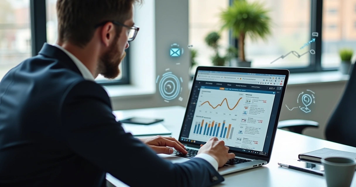 Homem de negócios revisando processo de vendas de serviços contábeis em laptop com gráficos e planilhas detalhadas 