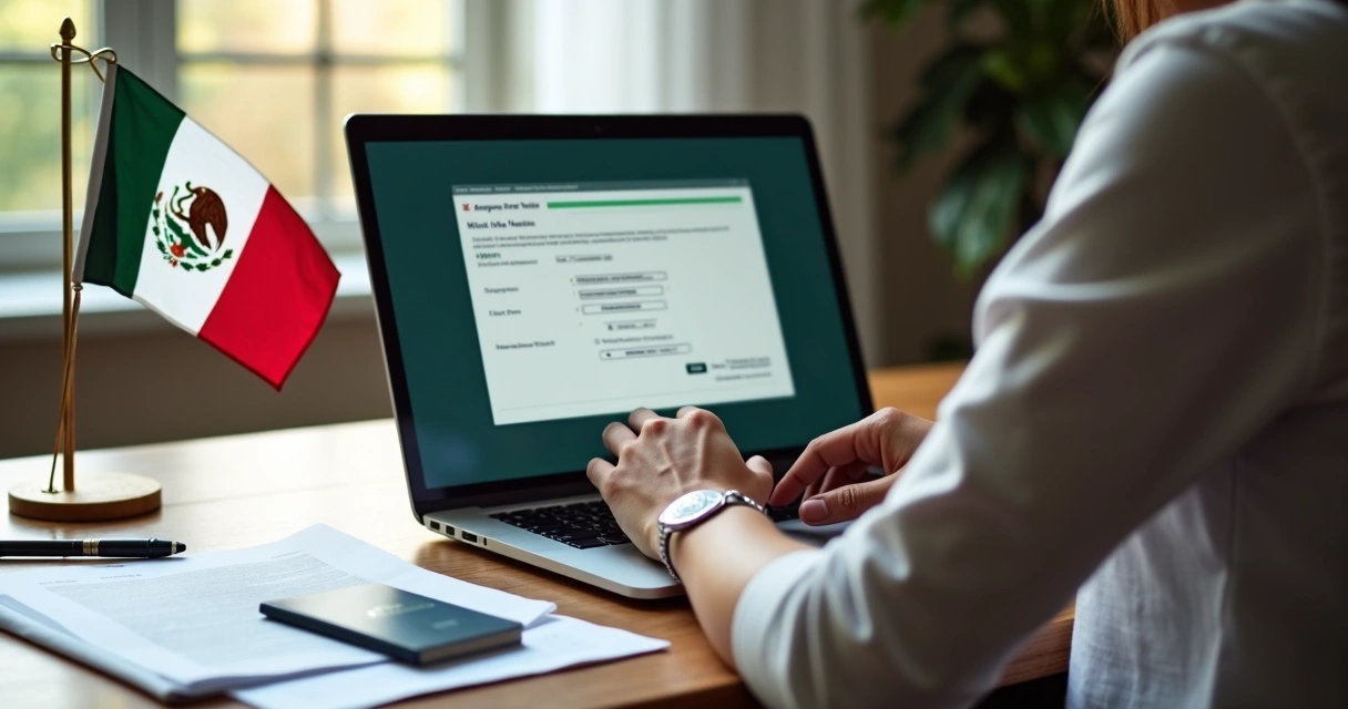 Pessoa preenchendo formulário online para visto eletrônico do México em laptop com passaporte e documentos ao lado 