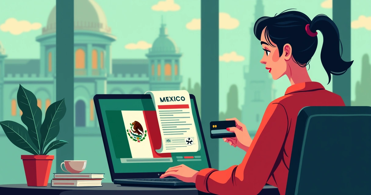 Ilustração digital do processo de solicitação online do visto eletrônico mexicano 