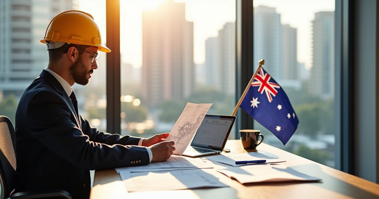 Engenheiro civil consultando documentos de visto e trabalho australiano no escritório 