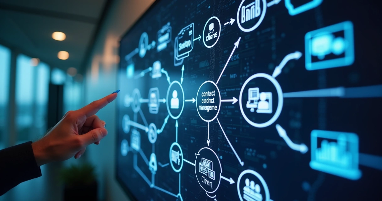 Fluxo de processos digitais conectando equipe, clientes e ferramentas digitais 