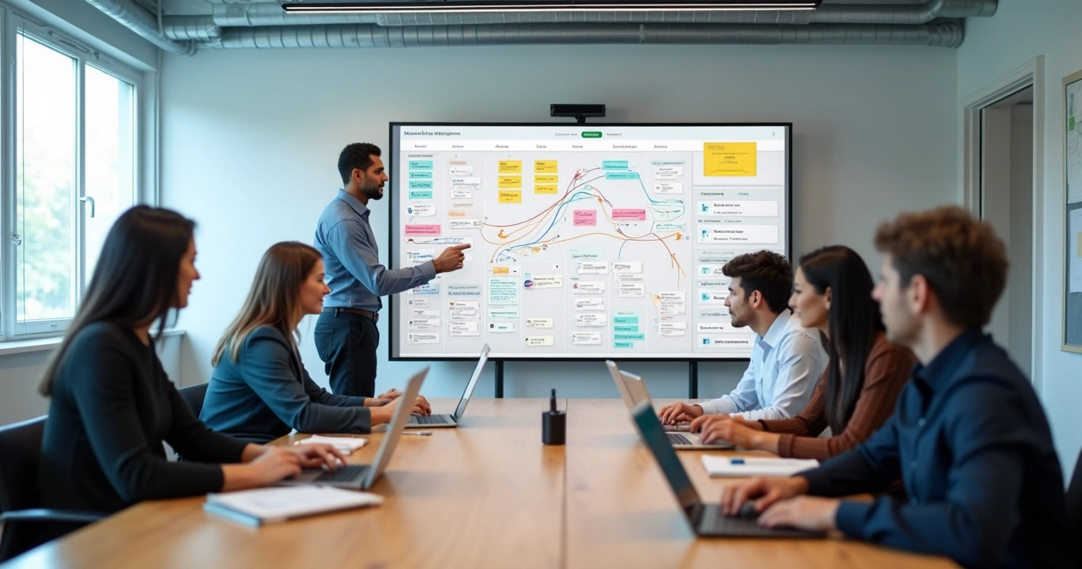 Equipe de agência de marketing planejando processos em quadro com fluxos e indicadores 