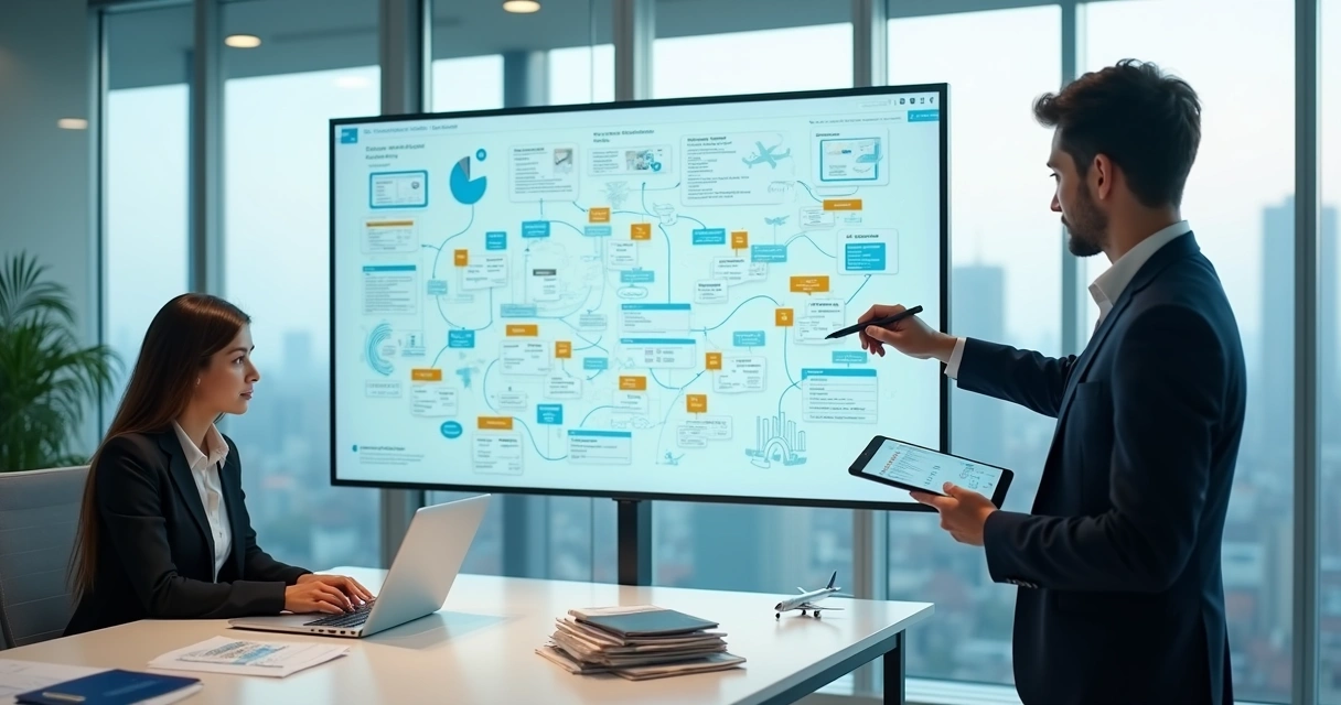 Gestores de agência de viagens organizando processos em mural digital interativo 