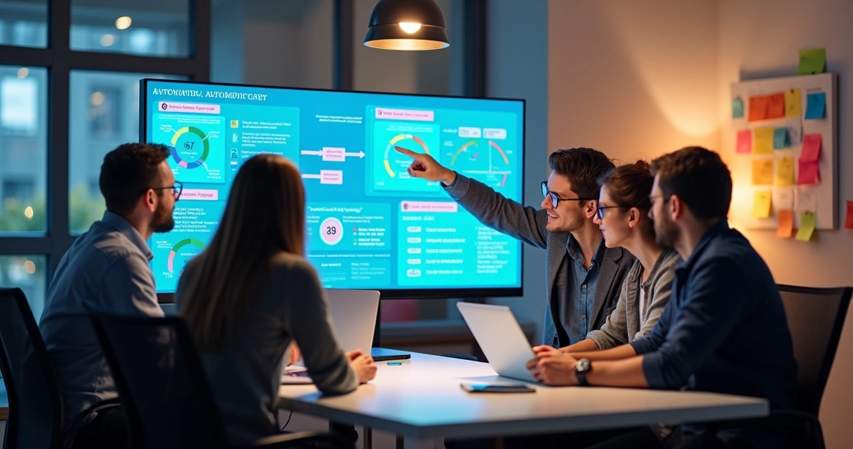Equipe reunida em frente a telas de computador mostrando gráficos de atividades automatizadas
