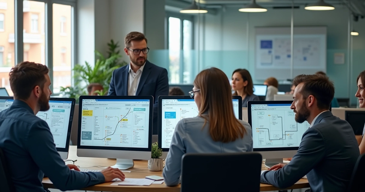 Equipe analisando fluxos de trabalho automatizados em computadores 
