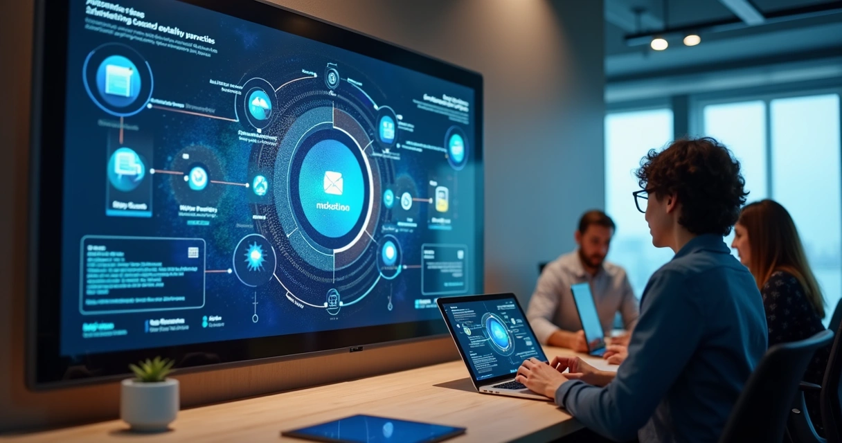 Painel digital exibindo processos automatizados de marketing com fluxos de dados sendo processados 