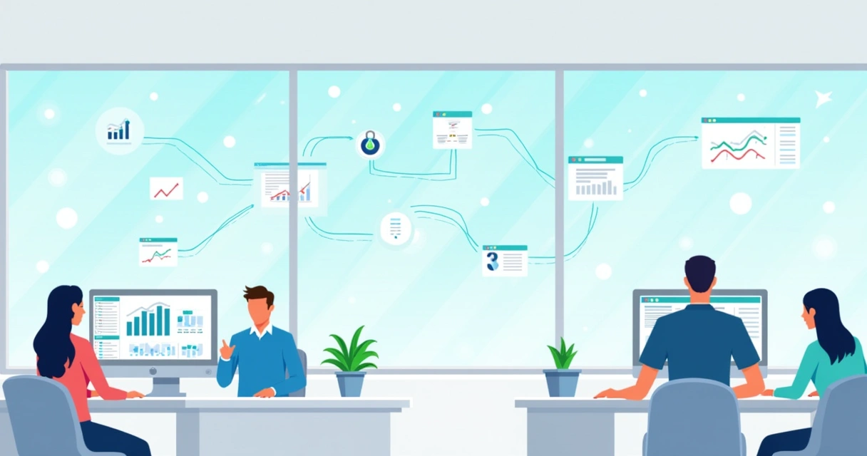 Equipe de escritório utilizando computadores com gráficos e fluxos automatizados na tela 