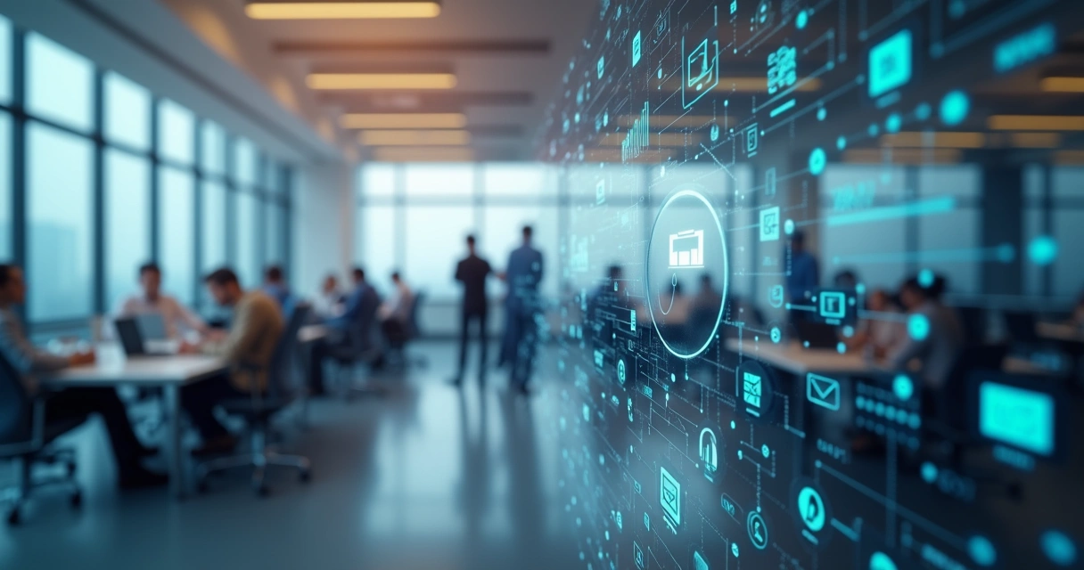 Painel com fluxos digitais interligados mostrando automação de processos 