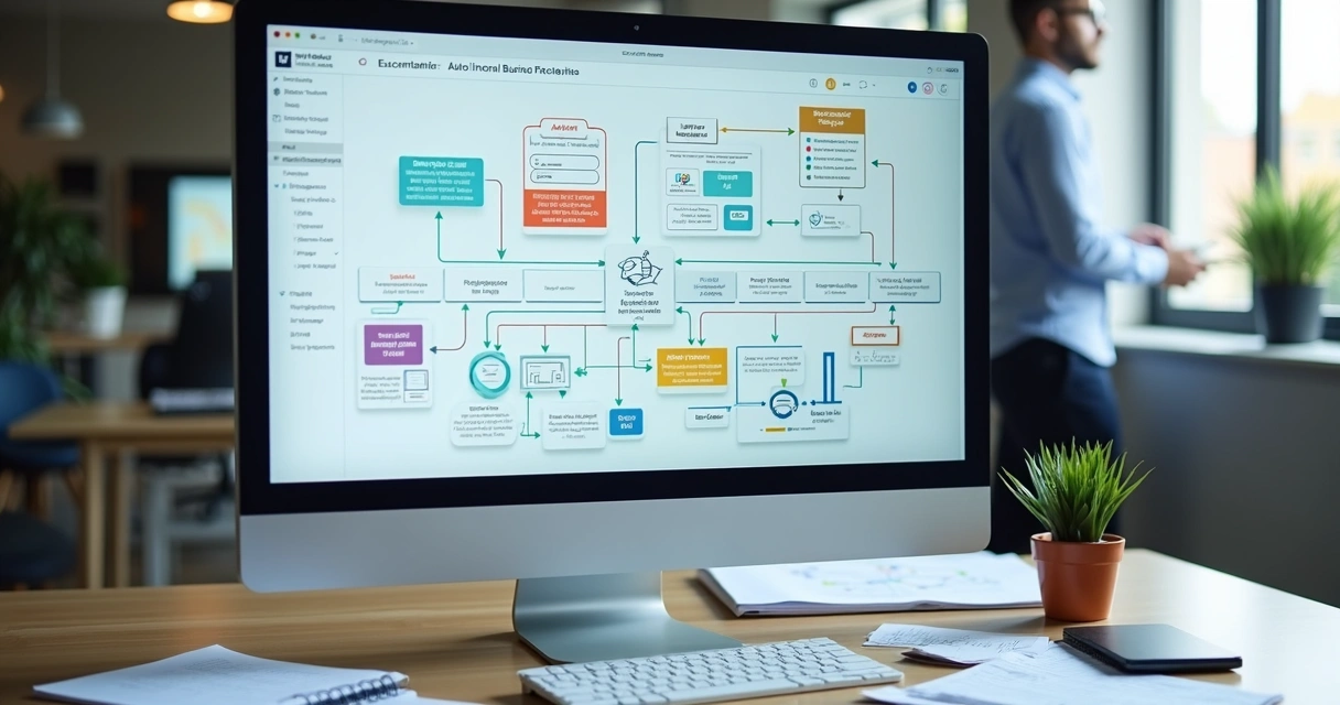 Workflow digital com automações exibido em tela de computador no escritório 